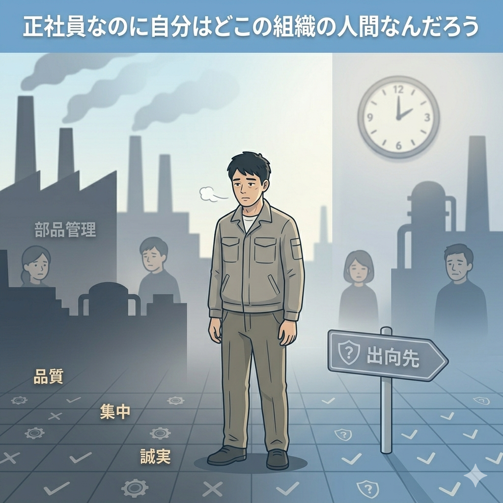 見知らぬ工場の前で一人立ちつくしている40代日本人男性のイラスト。周囲は知らない人ばかりで「所属感のなさ・孤独・漂流感」が漂う雰囲気。霧がかかったような重いグレーとブルーの色調