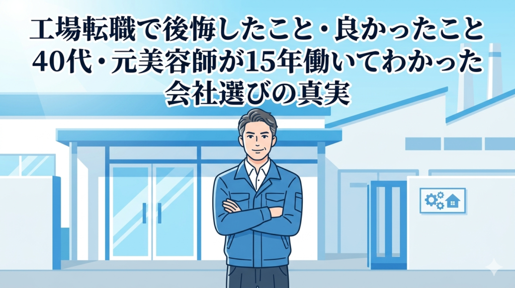 工場の入口の前で腕を組んで立っている40代日本人男性のイラスト。「経験に基づいた自信・実用的な知識を持っている」雰囲気。