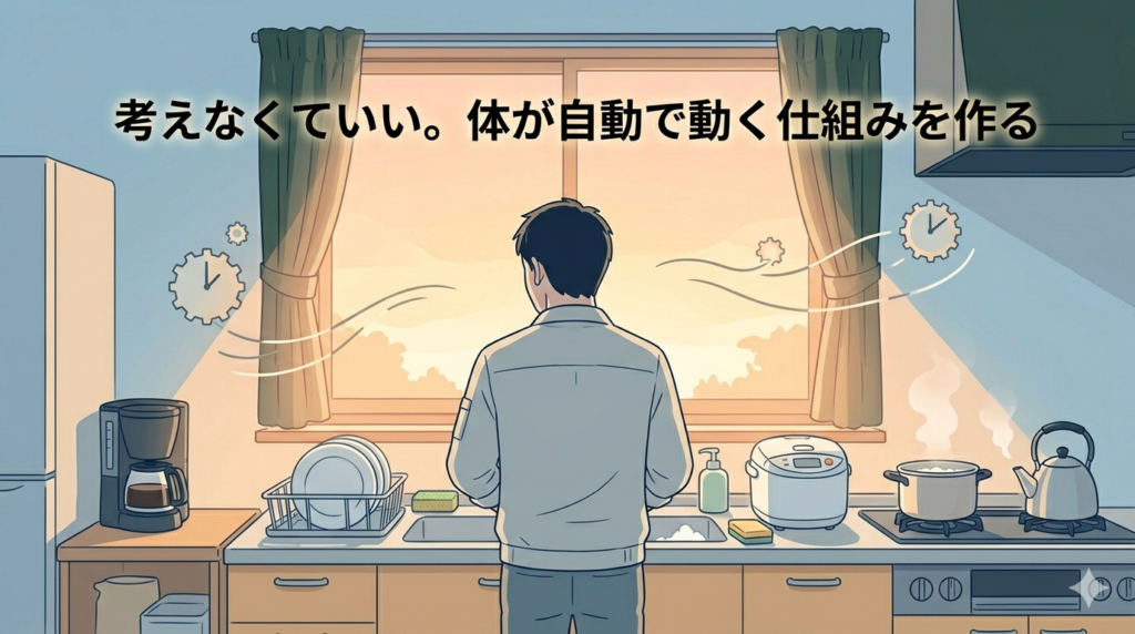 朝の台所で洗い物をしている40代日本人男性の後ろ姿のイラスト。窓から朝の光が差し込み、静かで淡々とした雰囲気。「機械的に、でも確実にこなしている」日常の温かさ。暖色系のやさしい色調。