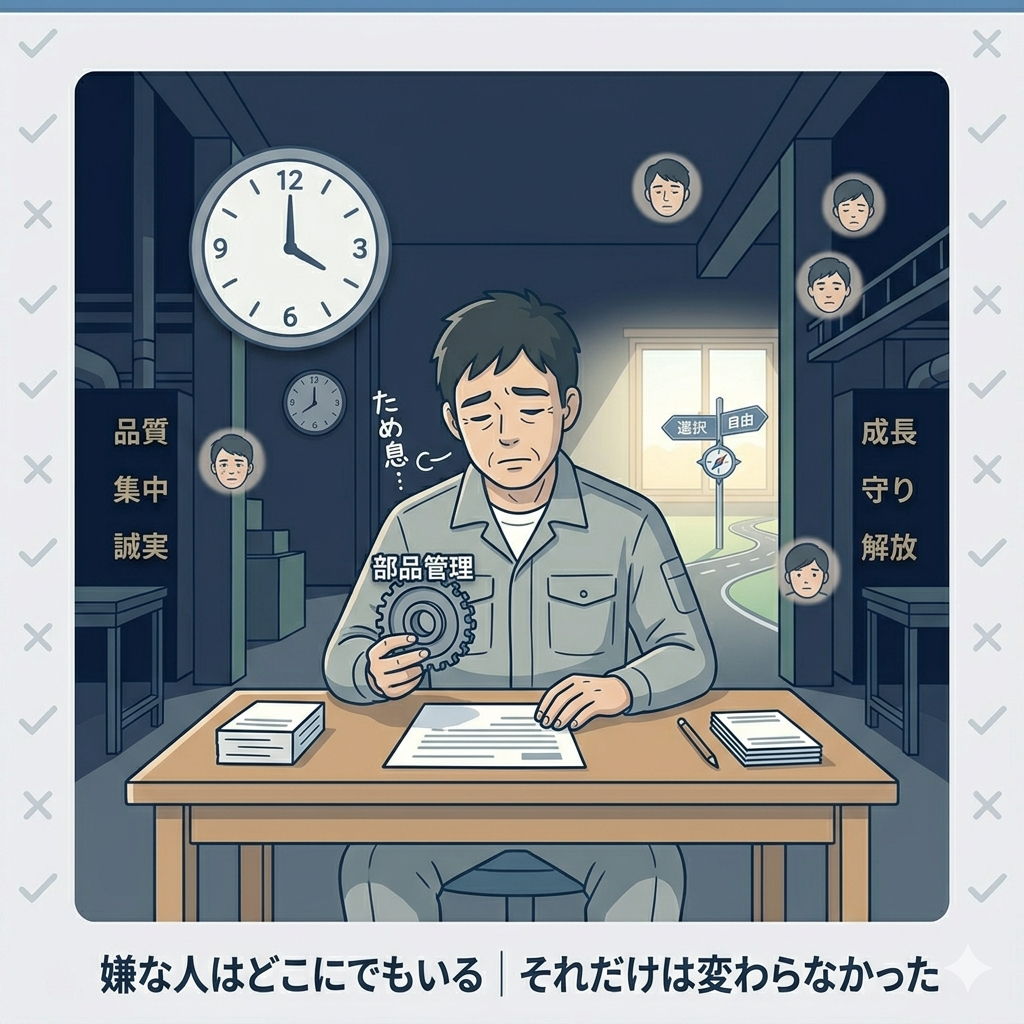 工場の職場でため息をついている40代日本人男性のイラスト。「どこに行っても同じ現実」という諦めと受け入れが共存する表情。