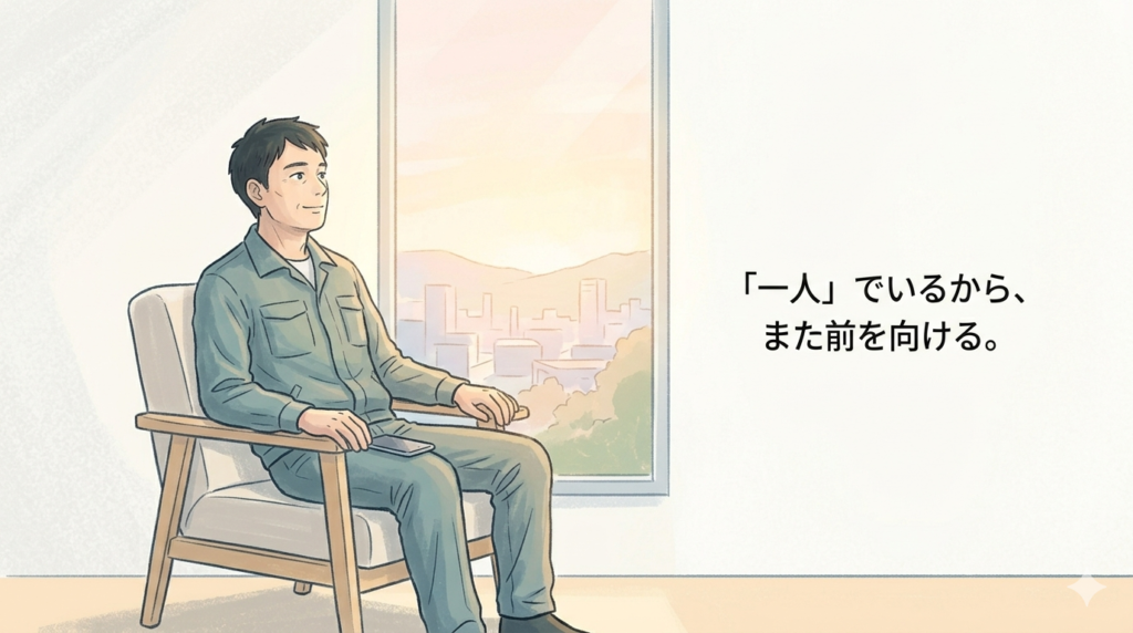 一人で静かな場所に座り、窓の外の柔らかな光を眺めている日本人男性のフラットイラスト。手元にはスマホ。トーンは明るく、パステルカラーや白を基調とした爽やかな色使い。男性の表情はスッキリとしており、回復を感じさせる。