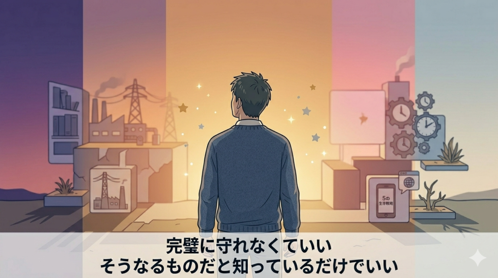 夕暮れの空を背景に、静かに立っている40代日本人男性の後ろ姿のイラスト。「今日も生き延びた」「それだけで十分」という穏やかな達成感。