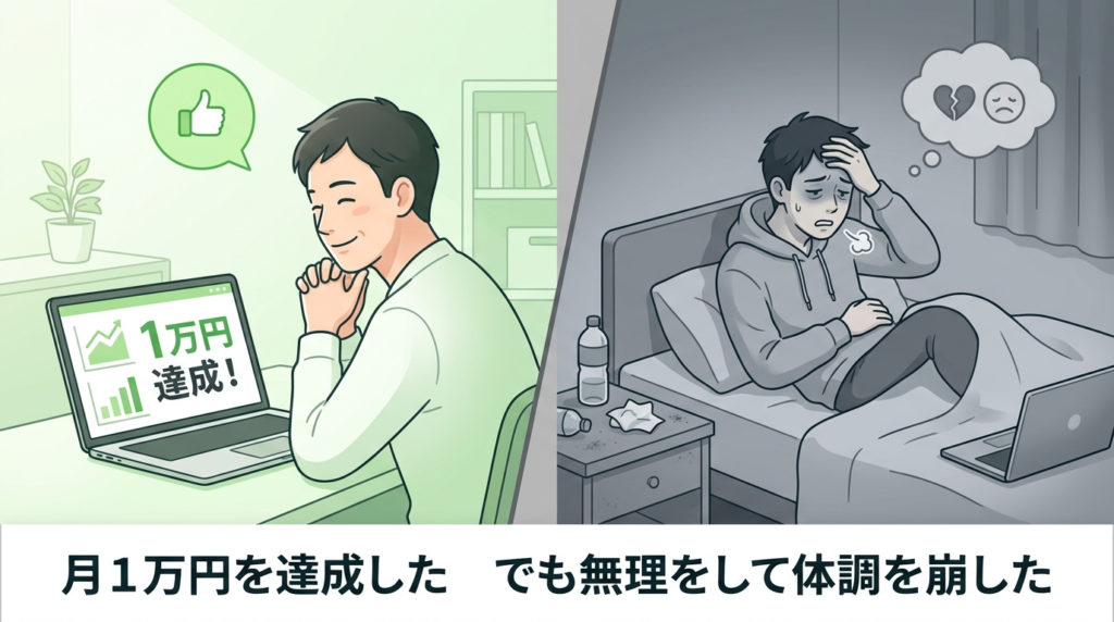 左右に分かれた対比イラスト。左:パソコンで収益を確認して安堵している男性(成功)。右:疲れ果てて横になっている男性(挫折)。「成功と失敗の両面」をシンプルに表現。
