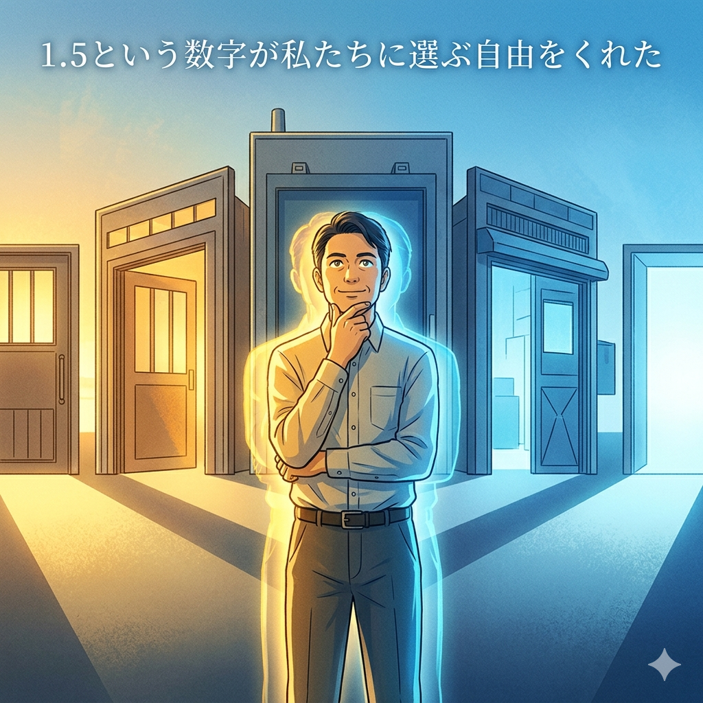 複数の工場の扉の前に立ち、どれを選ぶか考えている40代日本人男性のイラスト。「選択の自由・可能性・岐路」という解放感のある雰囲気。