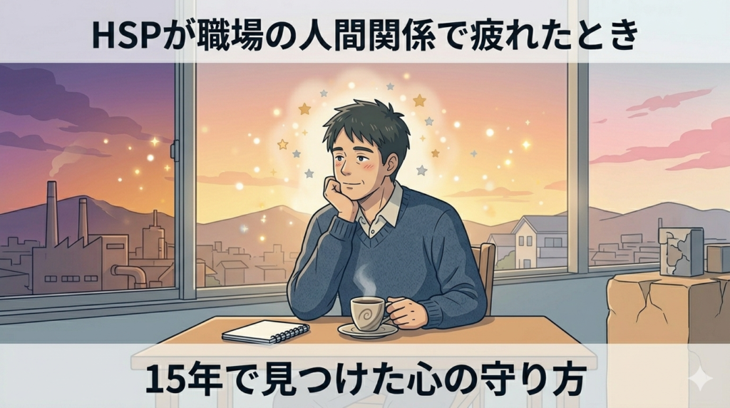 工場の休憩室で一人、窓の外を静かに見つめている40代日本人男性のイラスト。疲れているが穏やかな表情。「一人の静けさの中で心を整えている」雰囲気。