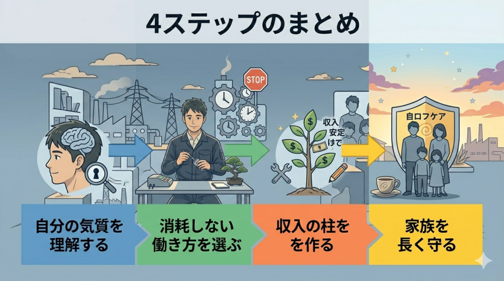 4つのステップをアイコンと矢印で表現したインフォグラフィック風イラスト。「気質理解→働き方選択→収入分散→家族安心」の流れが一目でわかる構図。