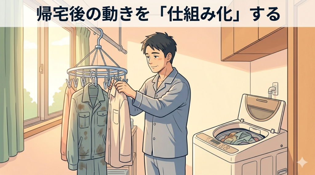 朝の静かな家の中で洗濯物を干している40代日本人男性のイラスト。作業着が洗濯機の中にある様子も見える。淡々とした日常感。柔らかい朝の光、暖色系のやさしい色調。シンプルなフラットイラスト風。