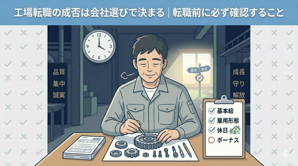 チェックリストを手に持ってしっかり確認している40代日本人男性のイラスト。「基本給・雇用形態・休日・ボーナス」の4項目がリスト化されているイメージ。「慎重な確認・失敗しない選び方」を感じさせる実用的な雰囲気