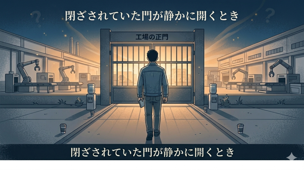 夕暮れから夜明けに変わる空を背景に、巨大な工場の鉄の門がゆっくりと開いていくイラスト。「時代の転換点・新しい時代の始まり」という詩的で象徴的なイメージ。