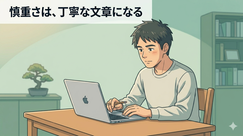 パソコンの画面を真剣に見つめながら、丁寧に文章を書いている40代日本人男性のイラスト。「一字一句を大切にしている」集中した表情。工場での作業と重なるような真摯な雰囲気。