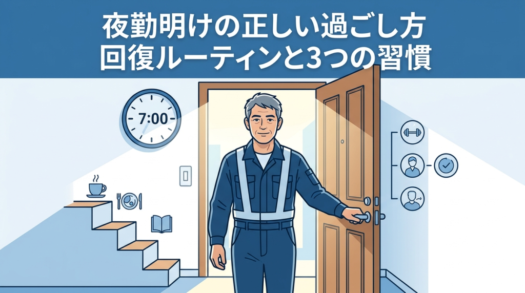 朝7時頃、工場帰りの40代日本人男性が玄関を開けて帰宅するイラスト。朝の清々しい光が差し込む明るい雰囲気。疲れているが「さあやるぞ」という前向きな表情。「実用的・再現性」を感じさせるクリーンなデザイン。