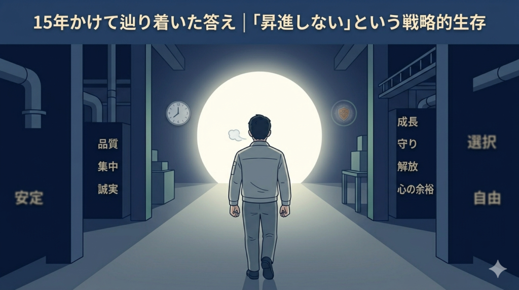 工場の薄暗い通路を、静かに・力強く歩いている40代日本人男性の後ろ姿のイラスト。遠くに出口の光が見える。「長い旅の末にたどり着いた」「迷いのない歩み」の雰囲気。