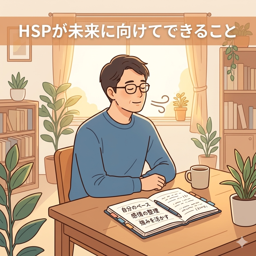 40代男性が机に向かい、自分のノートに「自分のペース」「感情の整理」「強みを活かす」と書き込んでいる様子