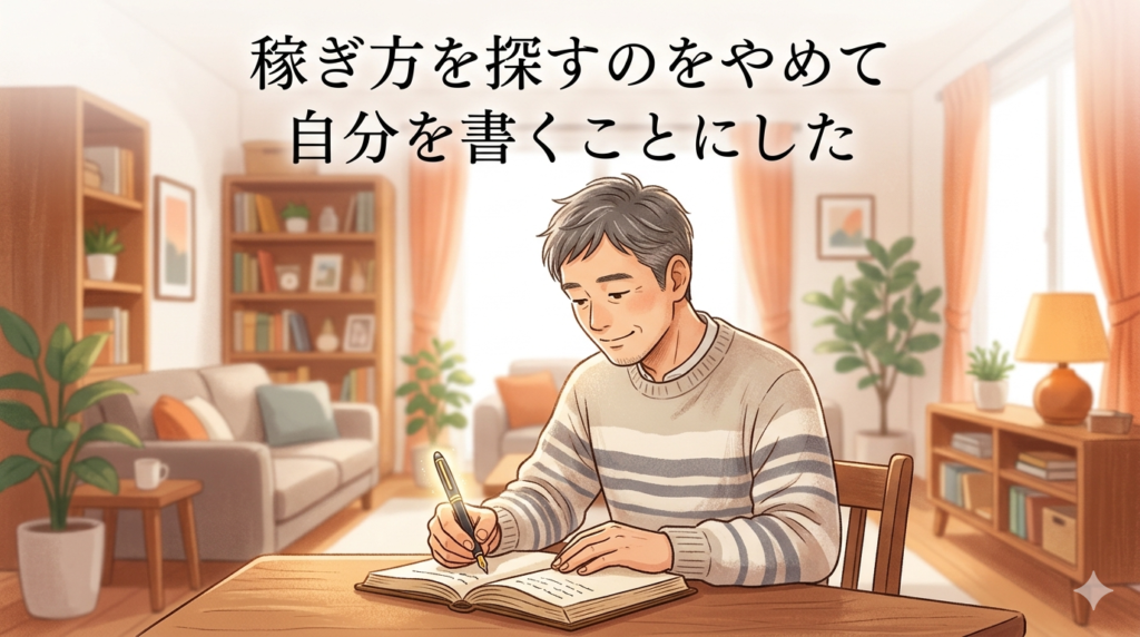 静かなリビングで、自分の物語を丁寧にノートに書いている40代日本人男性のイラスト。「自分だけの武器を見つけた」「正直に生きる決意」の穏やかな表情。
