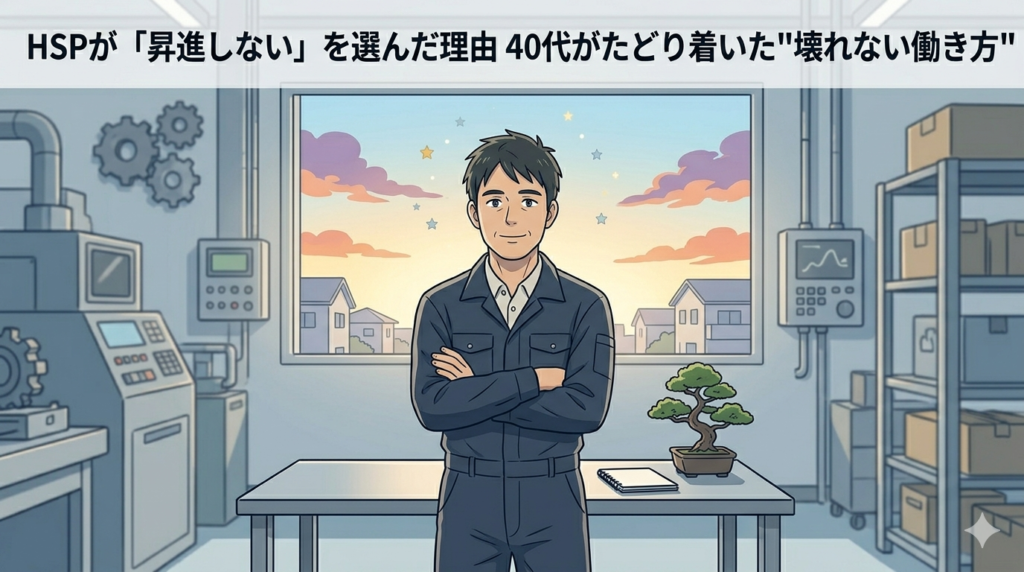 工場の作業台の前で、落ち着いた表情で腕を組んでいる40代日本人男性のイラスト。「自分の選択に自信がある」「ぶれない軸を持っている」実用的な雰囲気。