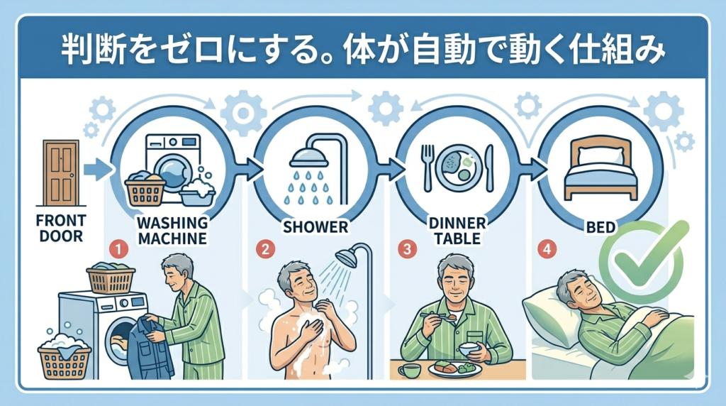 帰宅後の流れをステップで表現したインフォグラフィック風イラスト。洗濯機・お風呂・食卓・ベッドのアイコンが矢印でつながっている構図。「自動化・効率・シンプル」を感じさせるクリーンなデザイン。