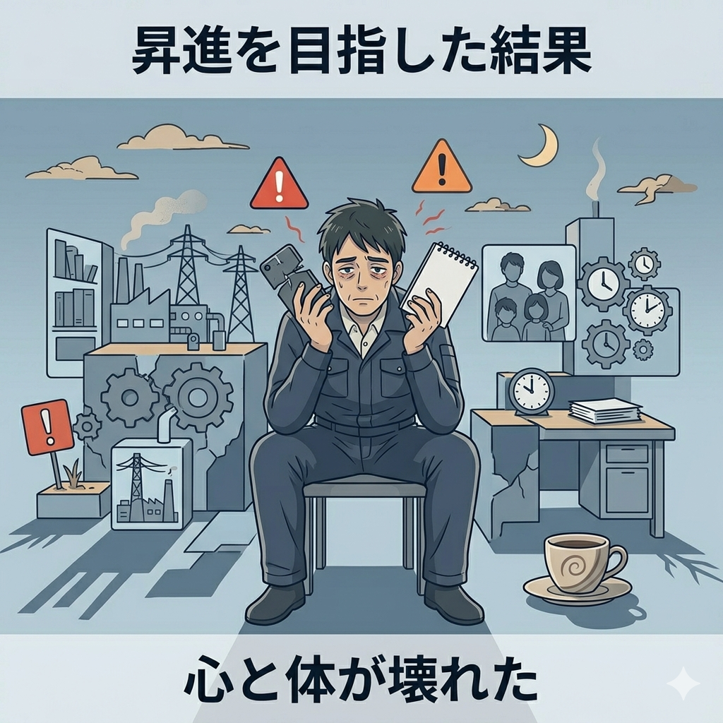 疲れ果てた表情で工場の椅子に座っている40代日本人男性のイラスト。背景に時計・書類・機械のアイコンが散りばめられている。「過重労働の現実」をシンプルに表現したインフォグラフィック風。