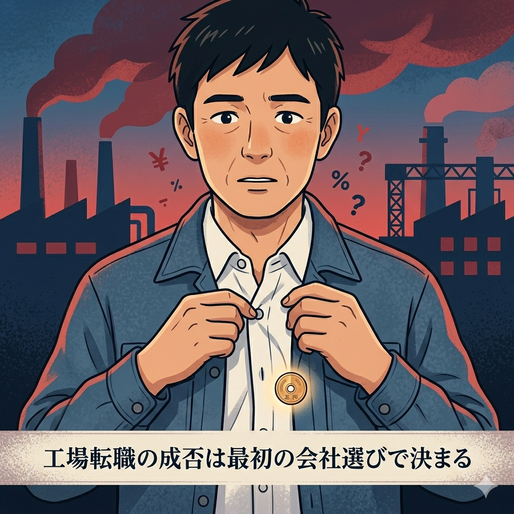 シャツのボタンを掛け違えている様子を象徴的に表現したイラスト。「最初の一歩の重要性・小さなズレが大きな影響を生む」という詩的なメタファー。工場のシルエットを背景に。ダークブルーと赤のコントラスト。