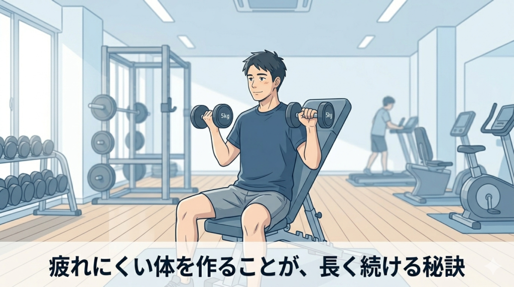 ジムで軽めの筋トレをしている40代日本人男性のイラスト。無理をしているのではなく、自分のペースで淡々とトレーニングしている雰囲気。明るく清潔なジムの室内。やわらかいブルー系の色調。