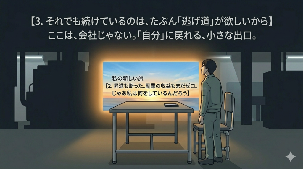 作業服姿の30-40代の日本人男性が、薄暗いコンクリートの壁（工場）に向かって立っている。しかし、彼の目の前の壁の一部が、ノートパソコンの画面のような形に四角く切り取られ、そこからだけ温かく眩しい光が差し込んでいる。その光の中には、美しい朝焼けと広い空、そして文字が書かれたブログのページのような景色が見える。男性はその光（出口）に向かって手を伸ばそうとしている。