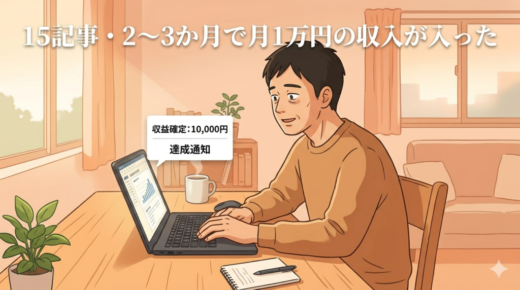 パソコンの画面に収益の通知が表示されているのを見て静かに驚いている40代日本人男性のイラスト。大げさな喜びではなく「本当に稼げた」という穏やかな驚きと安堵の表情。