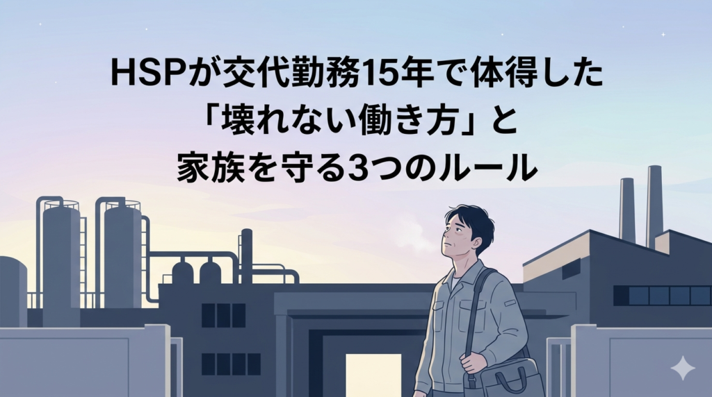 夜勤明けの早朝、工場の扉を出て白んだ空を見上げる40代日本人男性のイラスト。疲労感と静かな覚悟が伝わる表情。背景に工場のシルエットと淡い光。