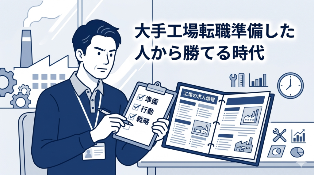 チェックリストを手に持ちながら工場の求人情報を確認している40代日本人男性のイラスト。「準備・行動・戦略」という実用的で前向きなイメージ。