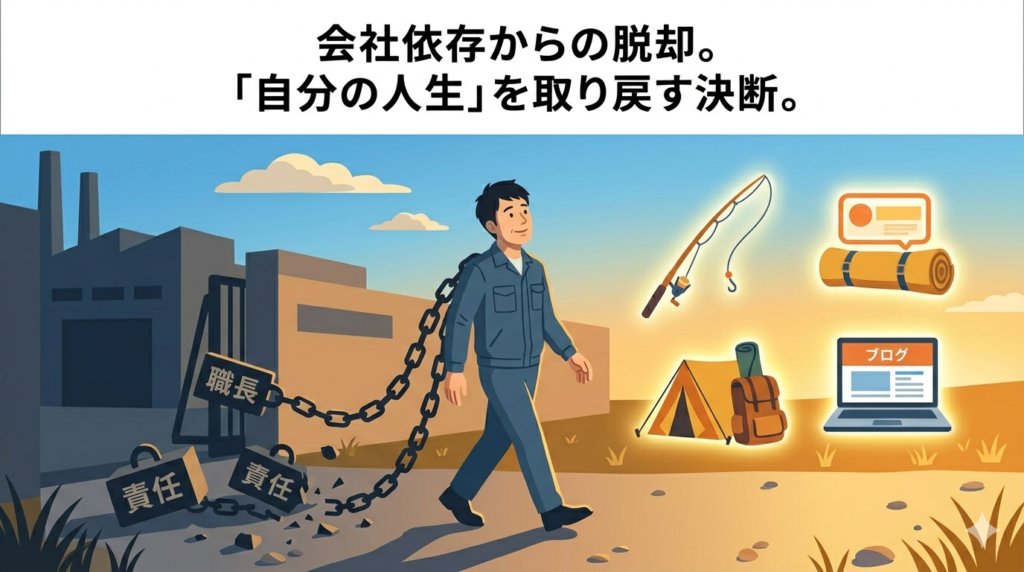 工場の外、夕暮れ時の明るい空の下で、晴れやかな表情で歩く40代日本人男性作業員のフラットイラスト。男性の背後には、彼を縛り付けていた「職長」「責任」といった文字が書かれた鎖や重石が外れ、地面に落ちている。代わりに向かう先には、釣り竿、キャンプテント、ノートパソコン（ブログ）など、彼の趣味や未来の可能性を象徴する明るいアイコンが輝いている。全体的に「気づき」と「解放」を感じさせる、暖かく、少し明るくなり始めた色調。