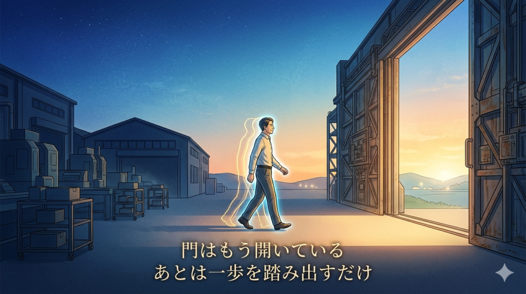 夜明けの光の中、大きく開いた工場の門に向かって歩き出している40代日本人男性のイラスト。「再スタート・希望・新しい朝」の雰囲気。