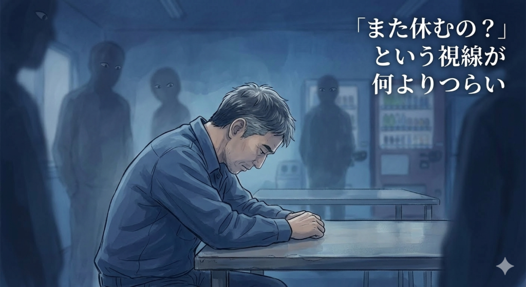 工場の休憩室でうつむく40代日本人男性。周囲の人影がぼんやりと描かれ、視線や噂を気にしている雰囲気。