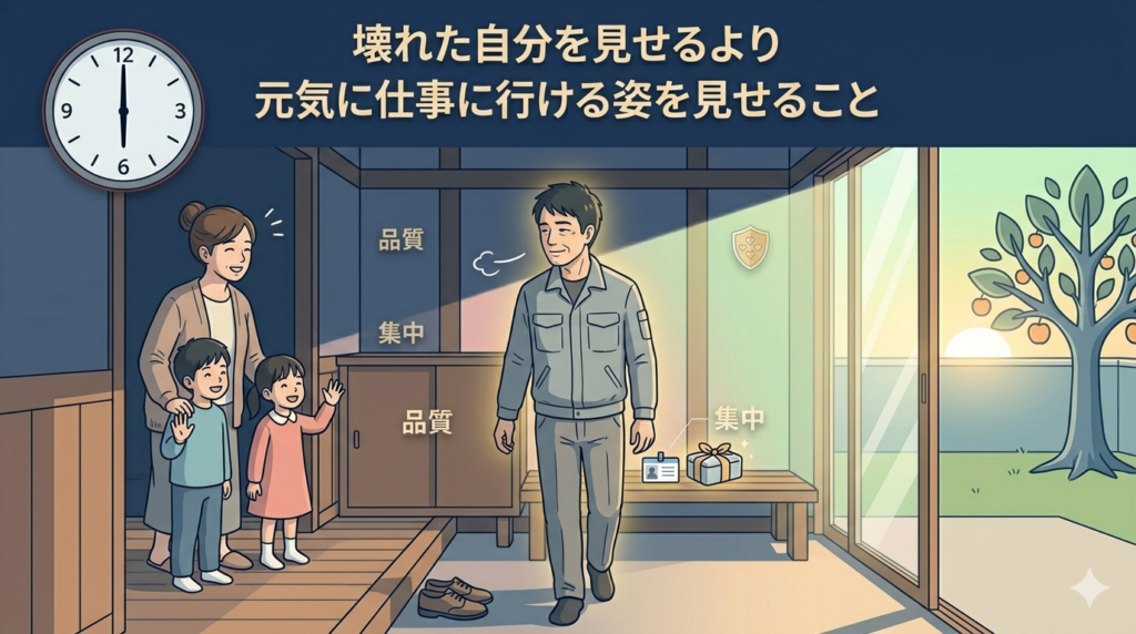 朝、玄関で家族に見送られながら出勤する40代日本人男性のイラスト。妻と子どもたちが笑顔で手を振っている。男性も穏やかな笑顔。「ささやかだけど確かな幸せ」「家族への安心材料」の温かい雰囲気。