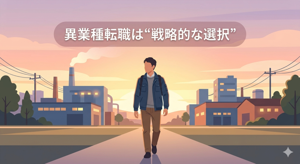 夕方の工場の外で、40代日本人男性が前を向いて歩く後ろ姿。未来に向かうイメージ。柔らかい夕日の色味