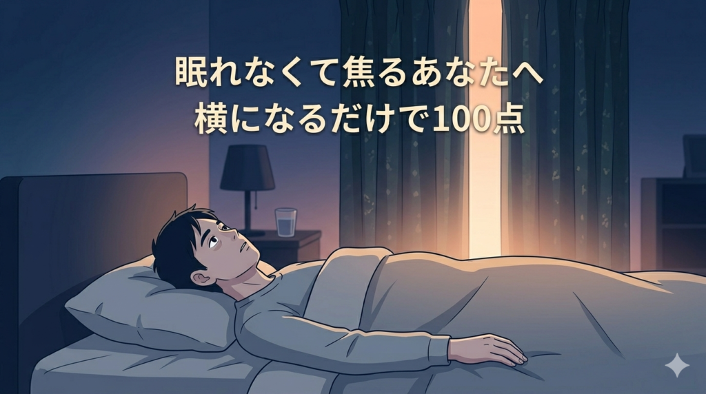 夜勤明けの朝、薄暗い寝室で天井を見つめている40代日本人男性のイラスト。カーテンの隙間から朝の光がわずかに差し込んでいる。疲れているのに眠れない、静かな焦りと孤独感が漂う雰囲気。ダークブルーと淡いオレンジのグラデーション。