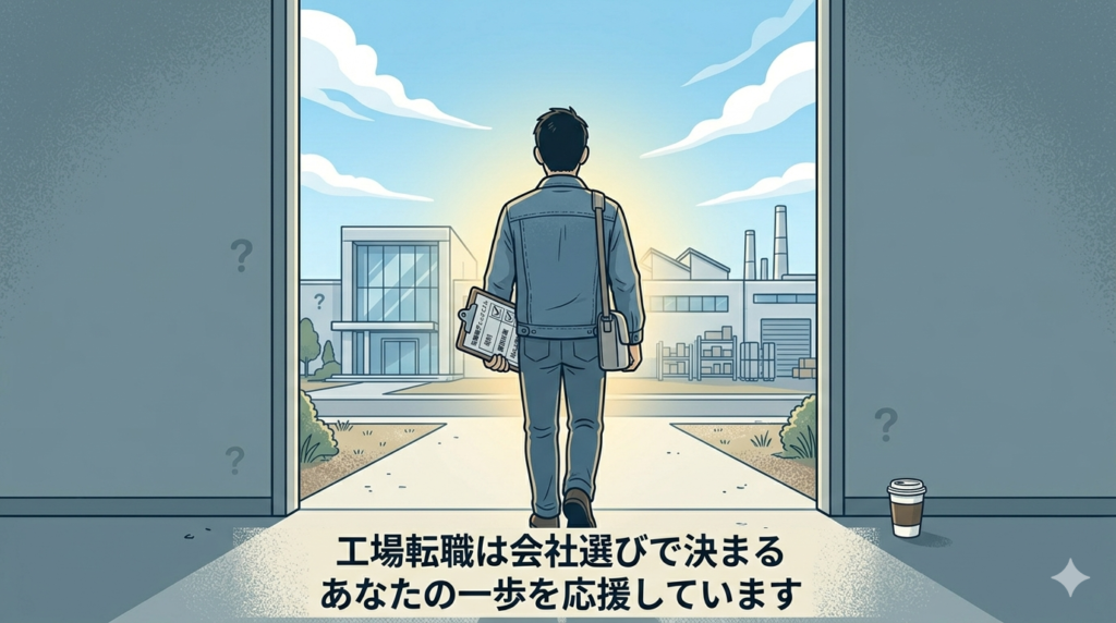 新しい工場へ向かって歩き出している40代日本人男性の後ろ姿のイラスト。「一歩を踏み出す・前向き」という実用的で温かいイメージ。