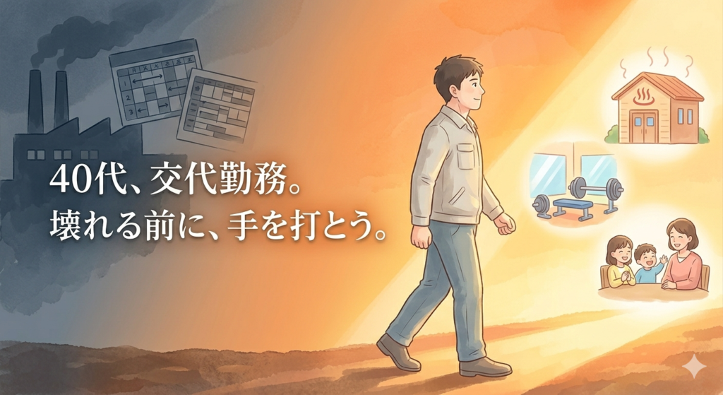 画面右側に、前を見据え、力強く、しかし穏やかな表情で歩き出す30〜40代の日本人男性(作業着姿)。
彼の背後(左側)には、暗い工場や複雑なシフト表の影があるが、彼の手前(右側)には、サウナ、ジム、そして家族団らんをイメージさせる温かい光の道が続いている。
テキストは画面左側の、暗い過去から明るい未来へ向かう境界付近に配置。
同じ悩みを持つ人へのエールと、未来への決意を感じさせる雰囲気。