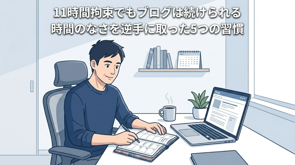 デスクの前に座り、手帳とノートパソコンを広げている40代日本人男性のイラスト。「計画的・整理されている・実用的」な雰囲気。