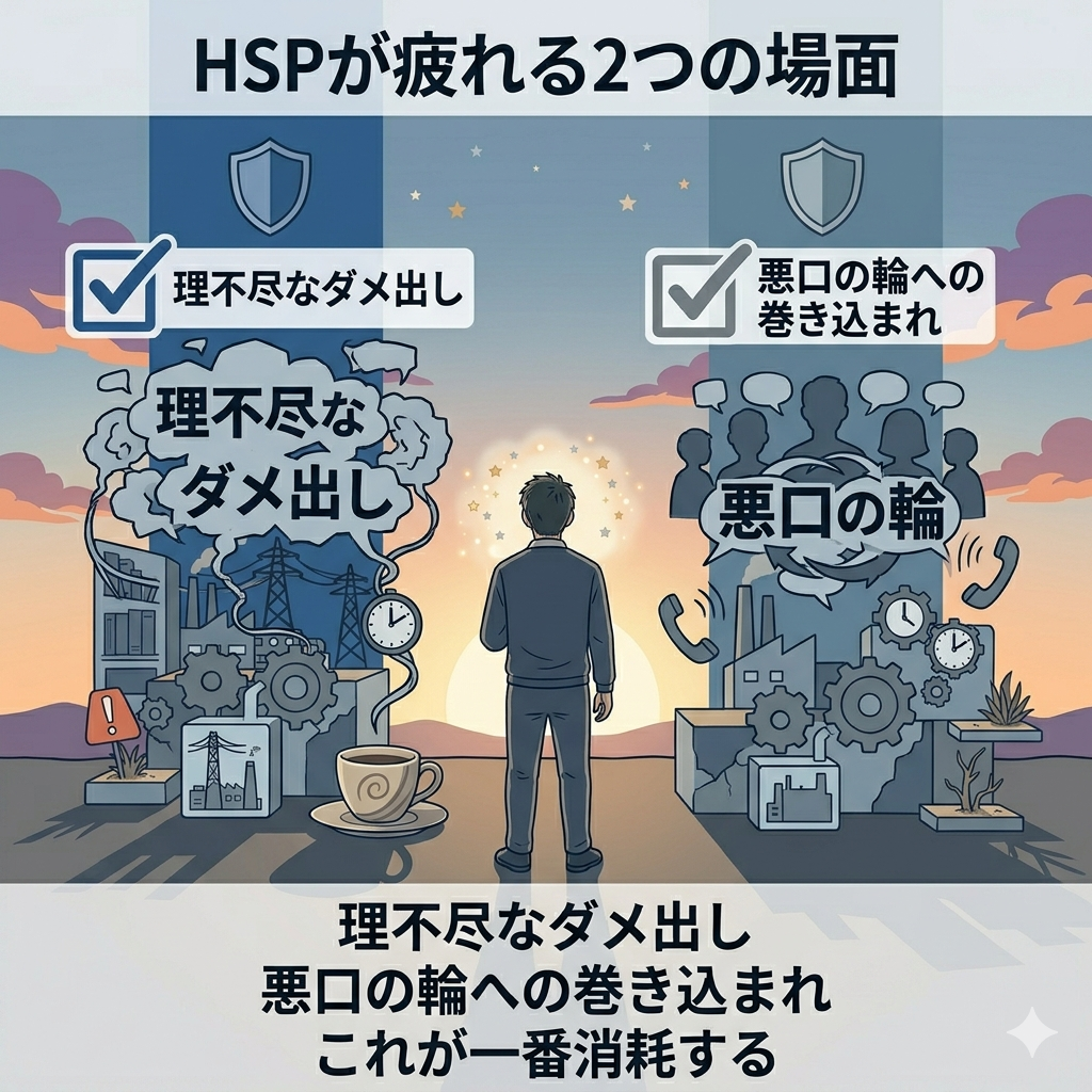 2つのシーンを上下に並べたイラスト。上:一方的に話しかけられて困惑している40代日本人男性。下:グループの重い空気の中に一人いる40代日本人男性。「2種類の消耗」をシンプルに表現したインフォグラフィック風。