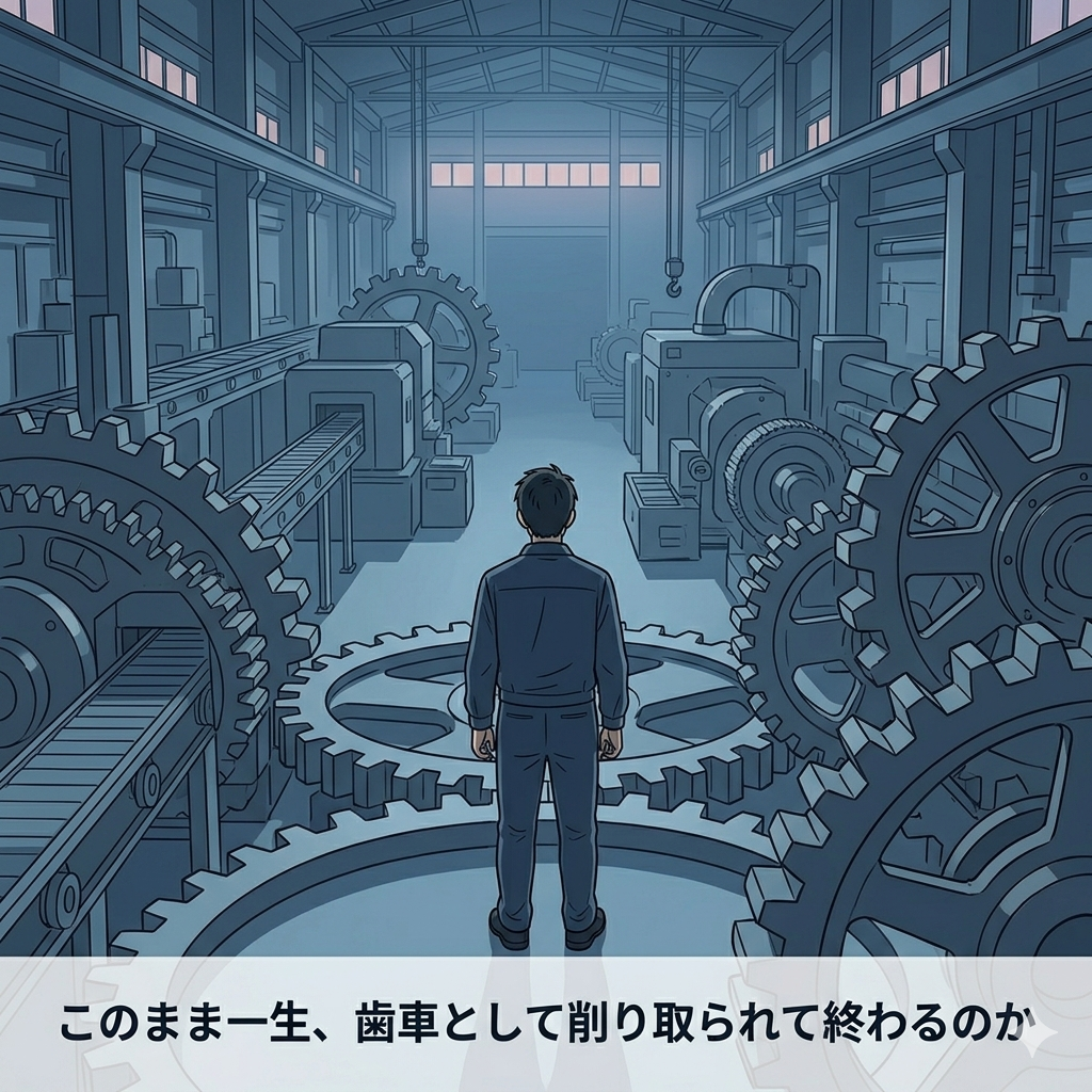 工場の機械の前で立ち止まり、遠くを見つめている40代日本人男性のイラスト。大きな機械に囲まれた孤独な後ろ姿。「小さな人間と大きな現実」の対比。