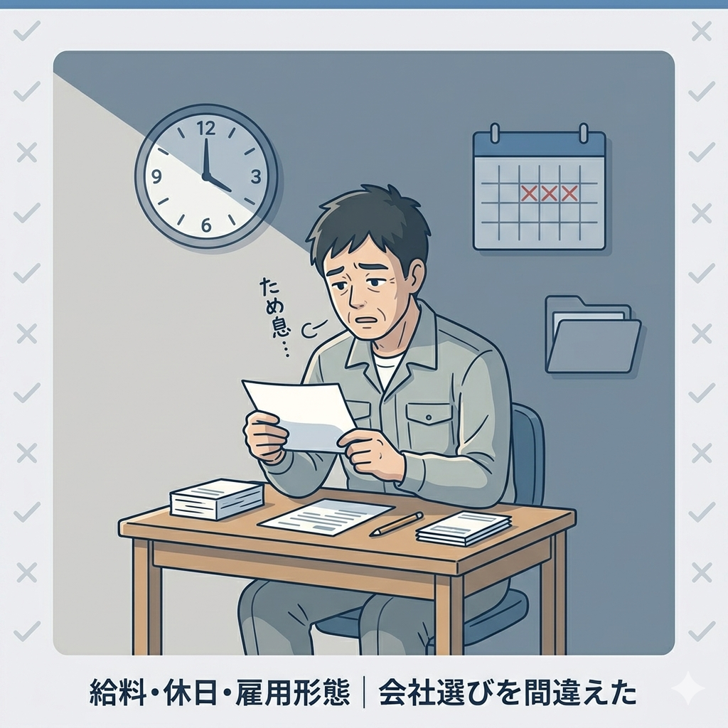 給与明細を見てため息をついている40代日本人男性のイラスト。背景に時計・カレンダー・書類のアイコンが散りばめられている。「低賃金・不定休・不安定」の現実をシンプルに表現。