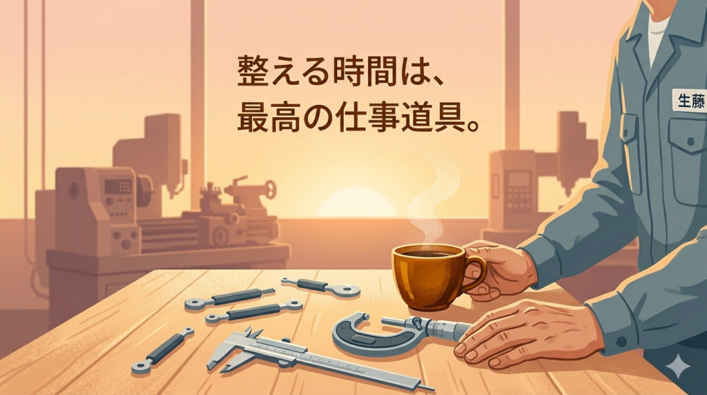 30代後半の日本人男性の手元。丁寧に手入れされた精密測定器（マイクロメーターなど）と、その隣に置かれた温かいコーヒーカップ。背景には、工場の窓から差し込む優しい夕日。仕事の道具を大切にするのと同じように、自分の心と頭を整える時間を大切にする哲学を表現。