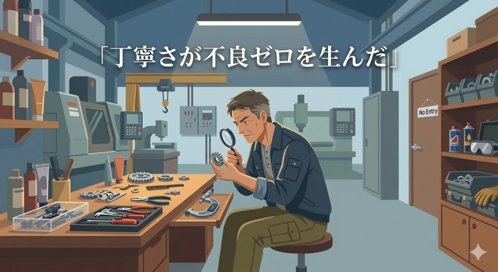 40代の日本人男性が工場で部品を慎重に確認しながら作業している様子。集中した表情。整った作業台。