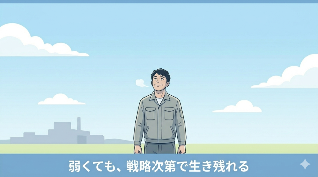 穏やかな表情で空を見上げている40代日本人男性のイラスト。背景は柔らかい青空と白い雲。「静かな強さ」「自分の道を歩む」雰囲気。
