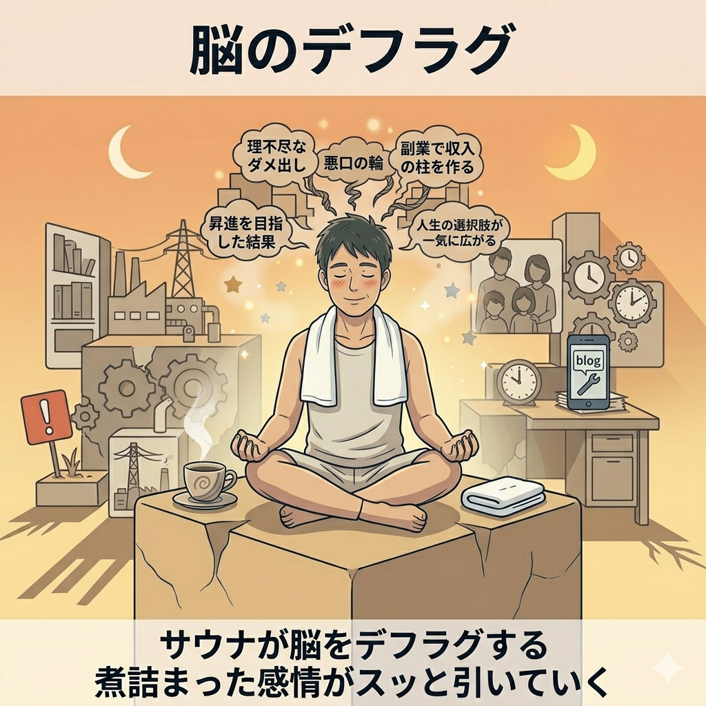 サウナの外気浴スペースで、椅子に深く腰掛けて目を閉じている40代日本人男性のイラスト。頭の周りに散らかっていた言葉やノイズが、ふわりと空に溶けていくイメージ。「解放・浄化・静寂」の雰囲気。