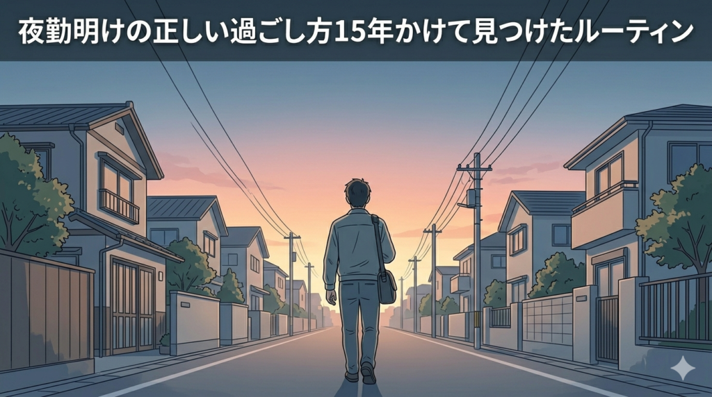 朝7時頃、工場帰りの40代日本人男性が静かな住宅街を歩いている後ろ姿のイラスト。空は夜明けの淡いオレンジとブルーのグラデーション。疲れているが穏やかな雰囲気。
