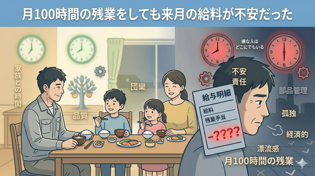 夕食の食卓で家族と向き合いながら、心の中で不安を抱えている40代日本人男性のイラスト。表情は穏やかだが、頭の中に給与明細と数字が浮かんでいるイメージ。「家族への責任と経済的不安の共存」を詩的に表現。