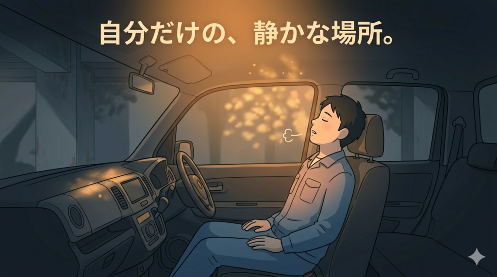 薄暗い工場の駐車場、または誰もいない空き部屋。作業着を着た30代後半の日本人男性が、自分の車の運転席、あるいは部屋の隅で、目を閉じて深く息を吐いている。彼の表情は、先ほどまでの緊張が解け、少し安らいでいる。彼を包むように、やわらかく、温かい光（例えば、木漏れ日や小さなランプの光）が差し込んでいる。