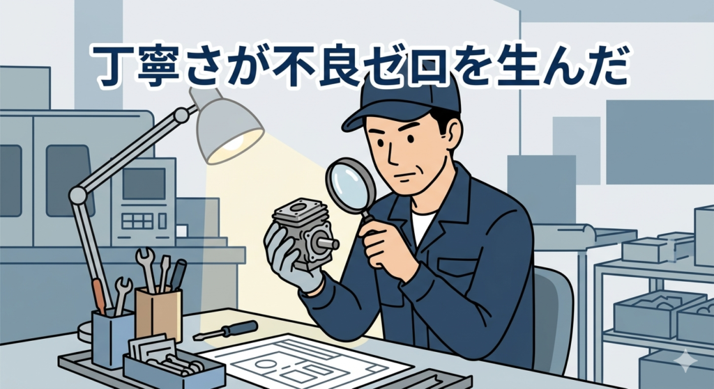 画像生成プロンプト  
40代の日本人男性が工場で部品を丁寧に確認しながら作業している様子。集中した表情。整った作業台。シンプルなフラットイラスト風。画像内に「丁寧さが不良ゼロを生んだ」と入れる。