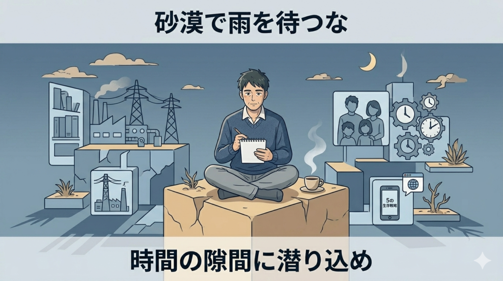 忙しい日常の中の小さなすき間を表現したイラスト。時計・工場・家族・スマホが散りばめられた構図の中心に、静かに座ってメモをしている40代日本人男性。「喧騒の中の静寂」を感じさせる詩的な構図。