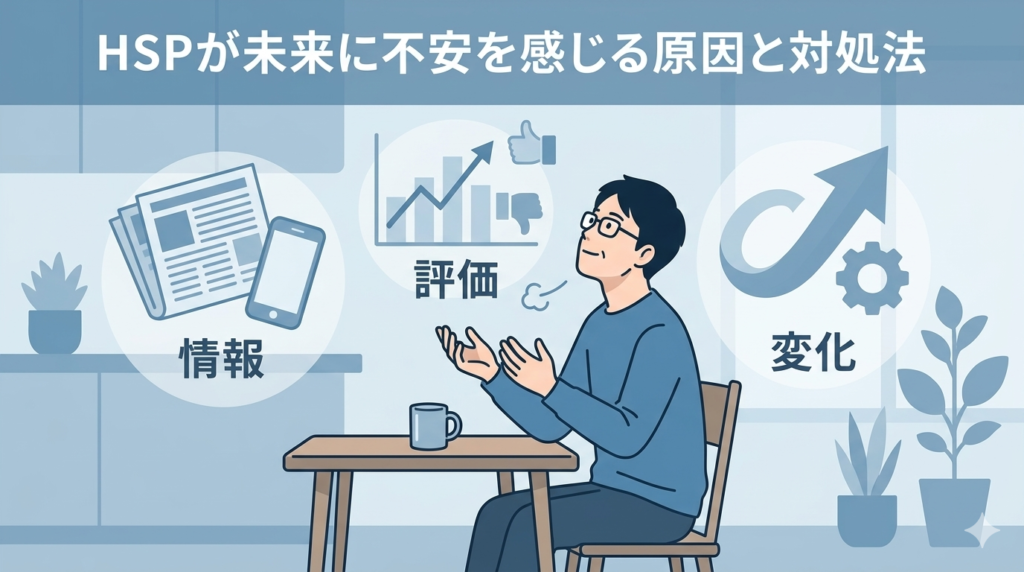 休憩室で一人、未来への不安を抱えながらも深呼吸して落ち着こうとしている40代男性。背景に「情報」「評価」「変化」などのアイコンが薄く浮かぶ。