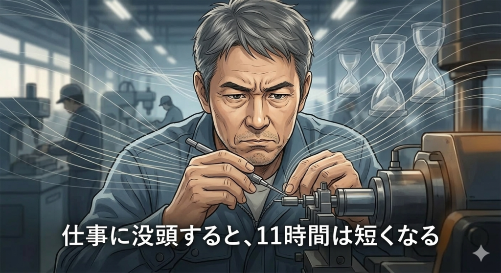工場の機械に集中して向き合う40代日本人男性。背景に砂時計や流れる線を薄く配置し、「集中すると時間が早い」感覚を表現。